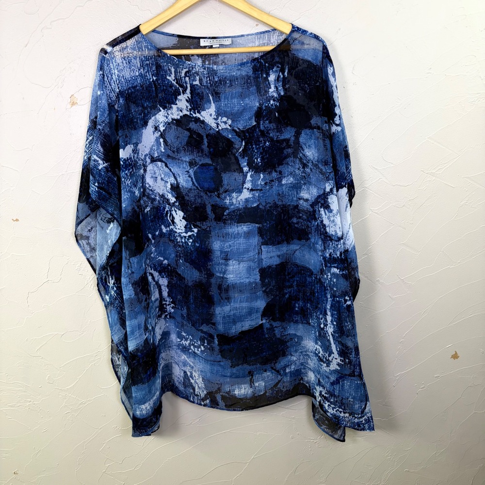 Bryn Walker Abstract Print Poncho Top Women Large Blue Sheer Chiffon Lagenlook